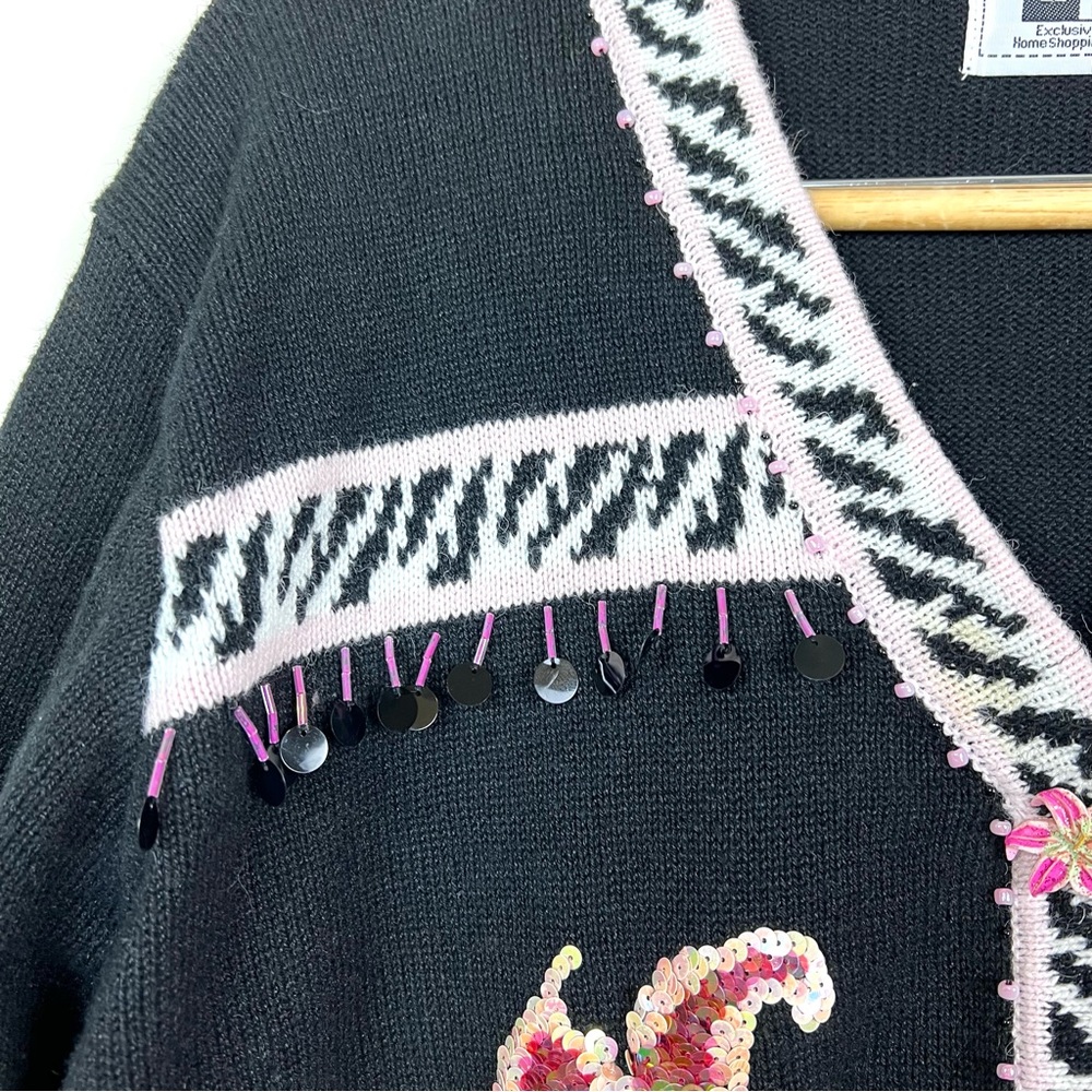 Vintage 90’s Y2K Storybook Knits Lillies Of The Night Sequin Sweater Cardigan - Picture 6 of 16